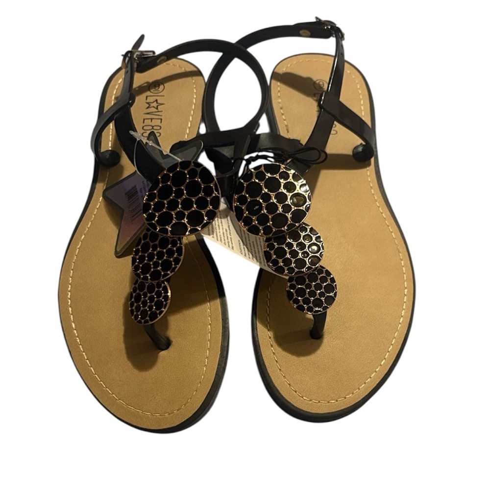 Love83 Black Sandals with Gold Accents size 9